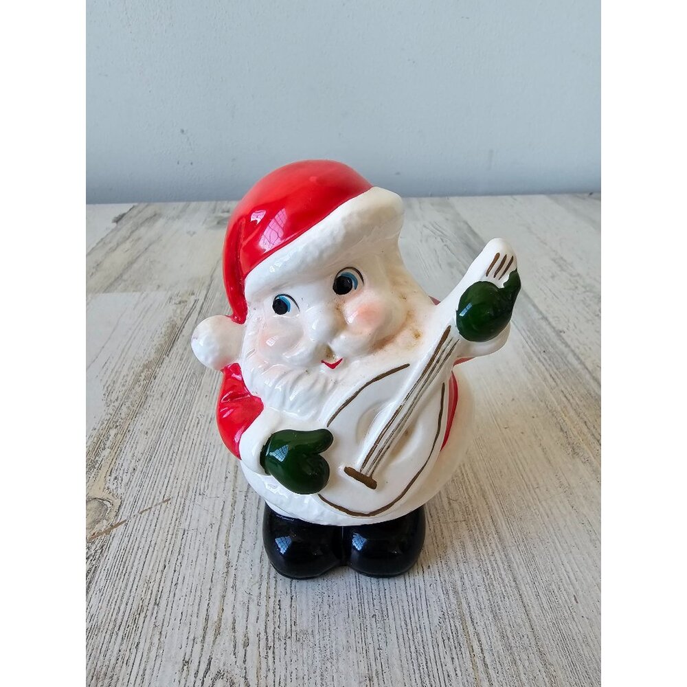 Vintage ceramic Santa banjo guitar ceramic Xmas decor‎ red roly poly